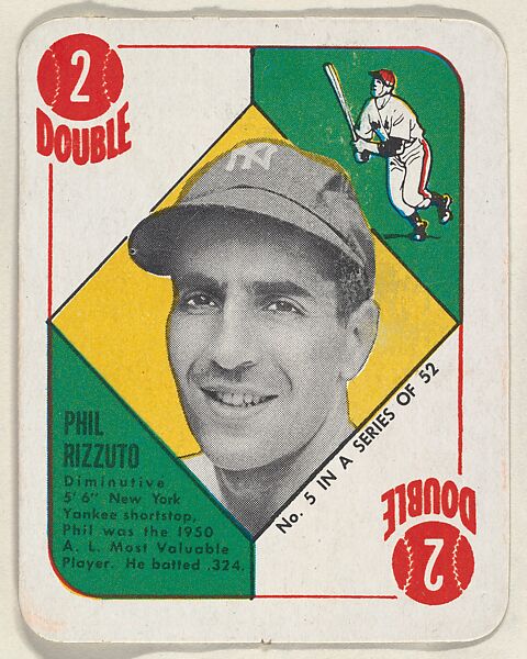 Issued by Topps Chewing Gum Company, Card Number 5, Phil Rizzuto,  Shortstop, New York Yankees, from the Topps Red/ Blue Backs series (R414-5)  issued by Topps Chewing Gum Company