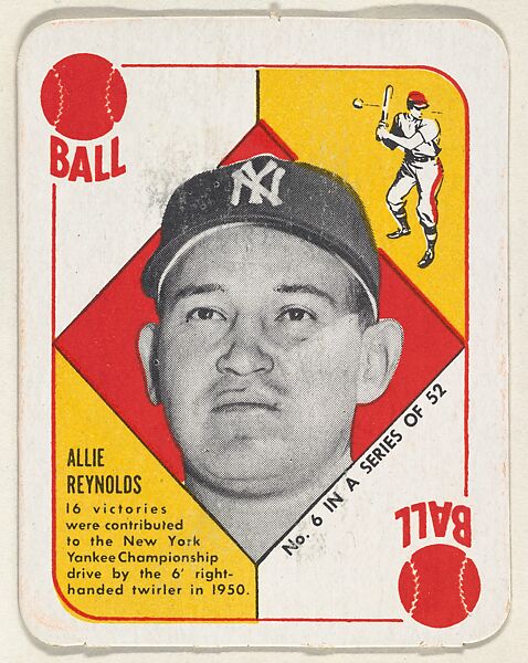Card  Number 6, Allie Reynolds, New York Yankees, from the Topps Red/ Blue Backs series (R414-5) issued by Topps Chewing Gum Company, Issued by Topps Chewing Gum Company (American, Brooklyn), Commercial color lithograph 