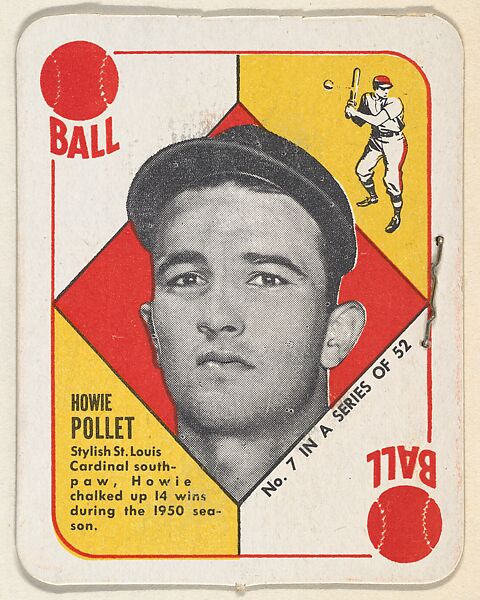 Card  Number 7, Howie Pollet, St. Louis Cardinals, from the Topps Red/ Blue Backs series (R414-5) issued by Topps Chewing Gum Company, Issued by Topps Chewing Gum Company (American, Brooklyn), Commercial color lithograph 