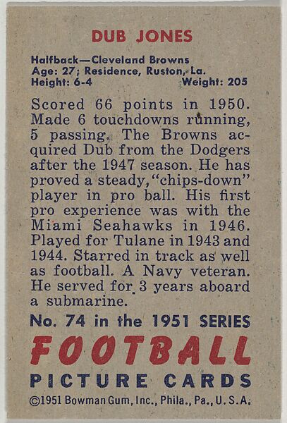 Card Number 74, Dub Jones, Halfback, Cleveland Browns, from the Bowman Football series (R407-3) issued by Bowman Gum, Issued by Bowman Gum Company, Commercial color lithograph