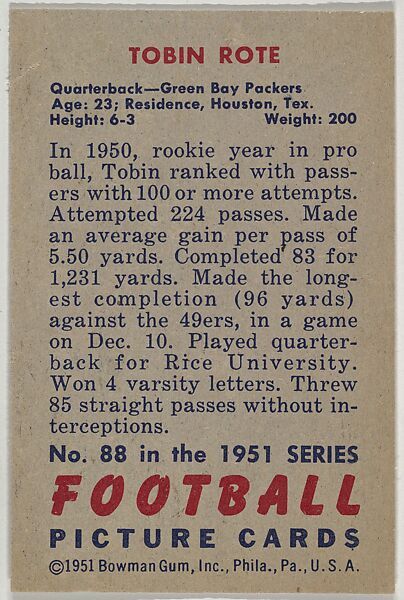 Card Number 88, Tobin Rote, Quarterback, Green Bay Packers, from the Bowman Football series (R407-3) issued by Bowman Gum, Issued by Bowman Gum Company, Commercial color lithograph