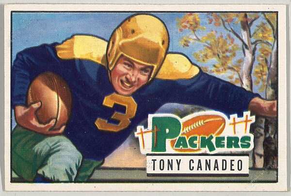 Issued by Bowman Gum Company, Card Number 90, Tony Canadeo, Halfback,  Green Bay Packers, from the Bowman Football series (R407-3) issued by  Bowman Gum