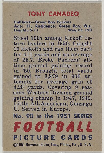 Card Number 90, Tony Canadeo, Halfback, Green Bay Packers, from the Bowman Football series (R407-3) issued by Bowman Gum, Issued by Bowman Gum Company, Commercial color lithograph