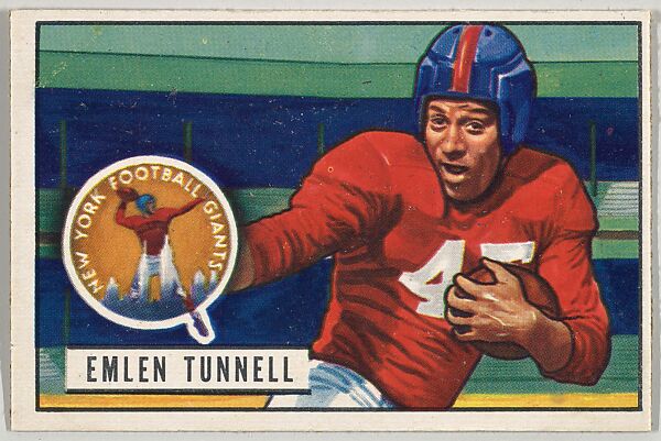 Issued by Bowman Gum Company, Card Number 91, Emlen Tunnell, Halfback, New  York Giants, from the Bowman Football series (R407-3) issued by Bowman Gum