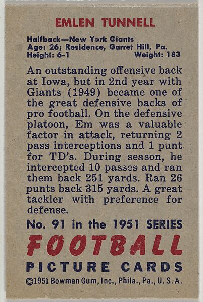 Card Number 91, Emlen Tunnell, Halfback, New York Giants, from the Bowman Football series (R407-3) issued by Bowman Gum, Issued by Bowman Gum Company, Commercial color lithograph