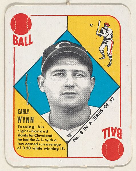 Card  Number 8, Early Wynn, Cleveland Indians, from the Topps Red/ Blue Backs series (R414-5) issued by Topps Chewing Gum Company, Issued by Topps Chewing Gum Company (American, Brooklyn), Commercial color lithograph 