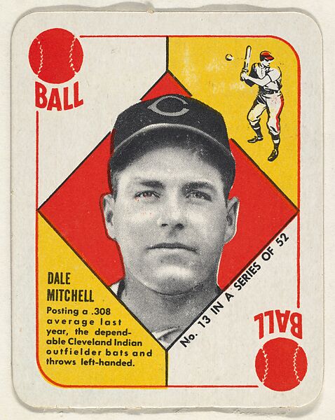 Card  Number 13, Dale Mitchell, Outfielder, Cleveland Indians, from the Topps Red/ Blue Backs series (R414-5) issued by Topps Chewing Gum Company, Issued by Topps Chewing Gum Company (American, Brooklyn), Commercial color lithograph 