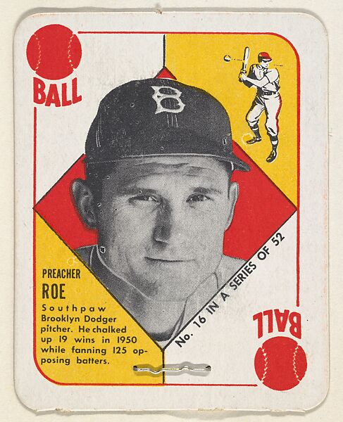 Card  Number 16, Preacher Roe, Pitcher, Brooklyn Dodgers, from the Topps Red/ Blue Backs series (R414-5) issued by Topps Chewing Gum Company, Issued by Topps Chewing Gum Company (American, Brooklyn), Commercial color lithograph 