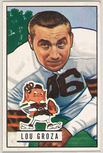 Card Number 75, Lou Groza, Tackle, Cleveland Browns, from the Bowman Football series (R407-3) issued by Bowman Gum, Issued by Bowman Gum Company, Commercial color lithograph 
