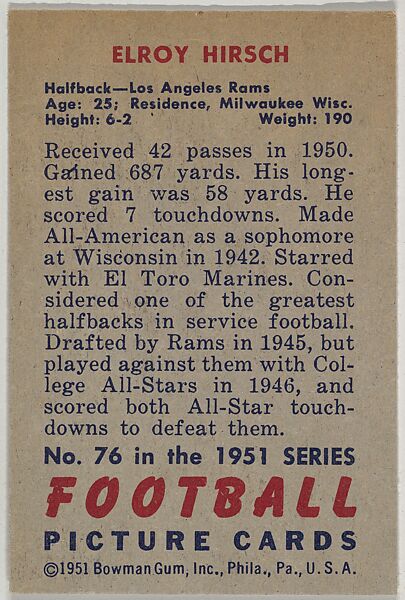 Card Number 76, Elroy Hirsch, Halfback, Los Angeles Rams, from the Bowman Football series (R407-3) issued by Bowman Gum, Issued by Bowman Gum Company, Commercial color lithograph