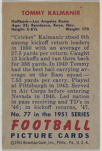 Card Number 77, Tom Kalmanir, Halfback, Los Angeles Rams, from the Bowman Football series (R407-3) issued by Bowman Gum, Issued by Bowman Gum Company, Commercial color lithograph