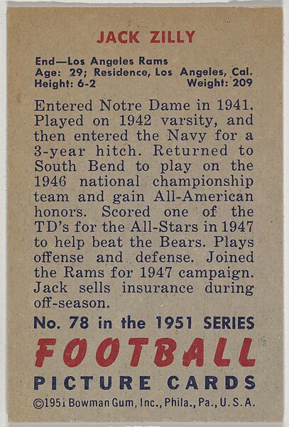 Card Number 78, Jack Zilly, End, Los Angeles Rams, from the Bowman Football series (R407-3) issued by Bowman Gum, Issued by Bowman Gum Company, Commercial color lithograph