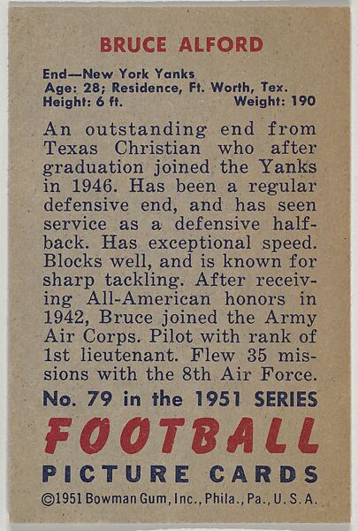Card Number 79, Bruce Alford, End, New York Yanks, from the Bowman Football series (R407-3) issued by Bowman Gum, Issued by Bowman Gum Company, Commercial color lithograph
