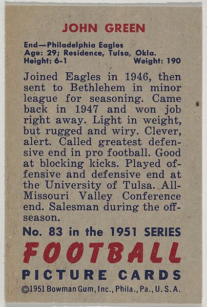Card Number 83, John Green, End, Philadelphia Eagles, from the Bowman Football series (R407-3) issued by Bowman Gum, Issued by Bowman Gum Company, Commercial color lithograph