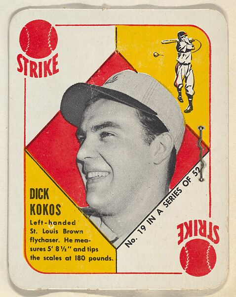 Card  Number 19, Dick Kokos, St. Louis Browns, from the Topps Red/ Blue Backs series (R414-5) issued by Topps Chewing Gum Company, Issued by Topps Chewing Gum Company (American, Brooklyn), Commercial color lithograph 