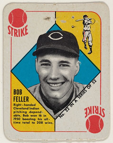 Card  Number 22, Bob Feller, Cleveland Indians, from the Topps Red/ Blue Backs series (R414-5) issued by Topps Chewing Gum Company, Issued by Topps Chewing Gum Company (American, Brooklyn), Commercial color lithograph 