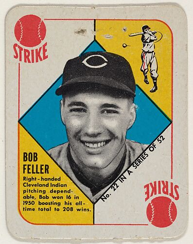 Card  Number 22, Bob Feller, Cleveland Indians, from the Topps Red/ Blue Backs series (R414-5) issued by Topps Chewing Gum Company