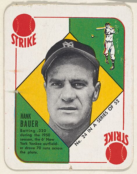 Card  Number 24, Hank Bauer, Outfield, New York Yankees, from the Topps Red/ Blue Backs series (R414-5) issued by Topps Chewing Gum Company, Issued by Topps Chewing Gum Company (American, Brooklyn), Commercial color lithograph 
