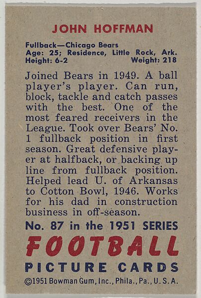 Card Number 87, John Hoffman, Fullback, Chicago Bears, from the Bowman Football series (R407-3) issued by Bowman Gum, Issued by Bowman Gum Company, Commercial color lithograph