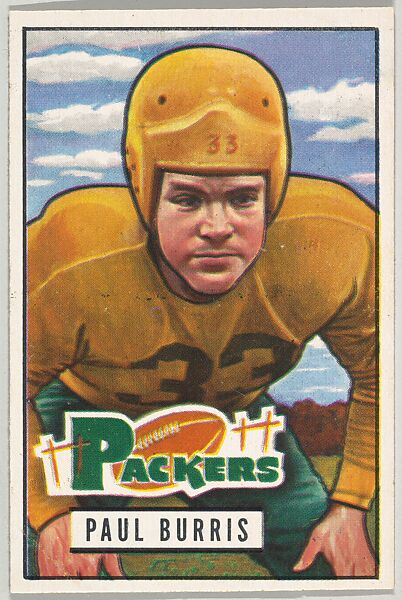 Card Number 89, Paul Burris, Guard, Green Bay Packers, from the Bowman Football series (R407-3) issued by Bowman Gum, Issued by Bowman Gum Company, Commercial color lithograph 