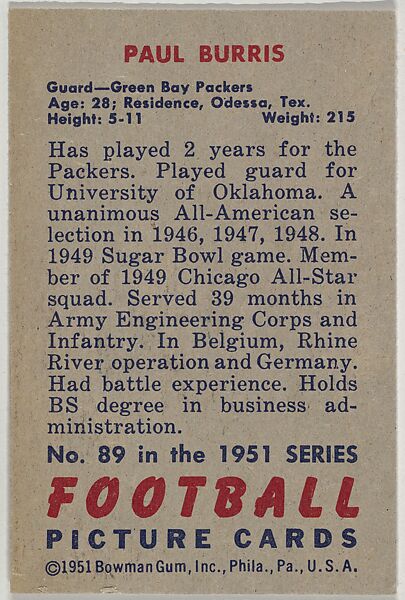Card Number 89, Paul Burris, Guard, Green Bay Packers, from the Bowman Football series (R407-3) issued by Bowman Gum, Issued by Bowman Gum Company, Commercial color lithograph