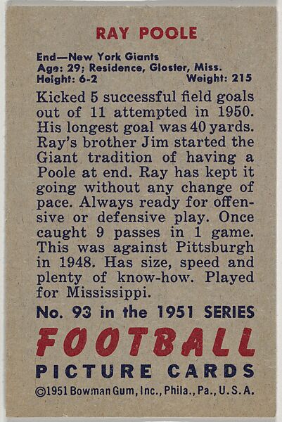 Card Number 93, Ray Poole, End, New York Giants, from the Bowman Football series (R407-3) issued by Bowman Gum, Issued by Bowman Gum Company, Commercial color lithograph