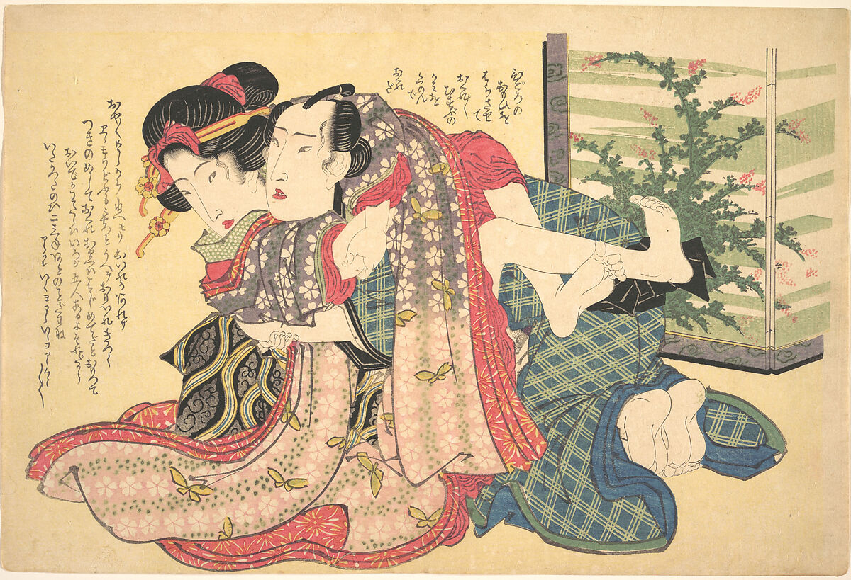 A Couple Locked in an Embrace, Keisai Eisen (Japanese, 1790–1848), Woodblock print; ink and color on paper, Japan 