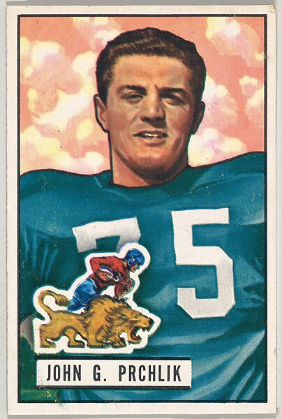 Card Number 100, John Prchlik, Tackle, Detroit Lions, from the Bowman Football series (R407-3) issued by Bowman Gum, Issued by Bowman Gum Company, Commercial color lithograph 