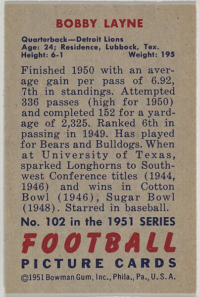 Card Number 102, Bobby Layne, Quarterback, Detroit Lions, from the Bowman Football series (R407-3) issued by Bowman Gum, Issued by Bowman Gum Company, Commercial color lithograph
