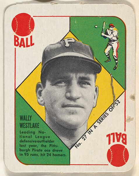 Card  Number 27, Wally Westlake, Outfield, Pittsburgh Pirates, from the Topps Red/ Blue Backs series (R414-5) issued by Topps Chewing Gum Company, Issued by Topps Chewing Gum Company (American, Brooklyn), Commercial color lithograph 