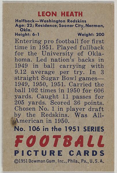 Card Number 106, Leon Heath, Halfback, Washington Redskins, from the Bowman Football series (R407-3) issued by Bowman Gum, Issued by Bowman Gum Company, Commercial color lithograph