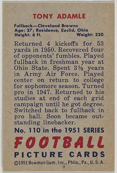 Card Number 110, Tony Adamle, Fullback, Cleveland Browns, from the Bowman Football series (R407-3) issued by Bowman Gum, Issued by Bowman Gum Company, Commercial color lithograph