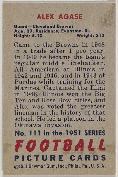 Card Number 111, Alex Agase, Guard, Cleveland Browns, from the Bowman Football series (R407-3) issued by Bowman Gum, Issued by Bowman Gum Company, Commercial color lithograph