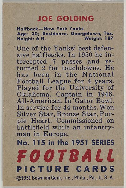 Card Number 115, Joe Golding, Halfback, New York Yanks, from the Bowman Football series (R407-3) issued by Bowman Gum, Issued by Bowman Gum Company, Commercial color lithograph