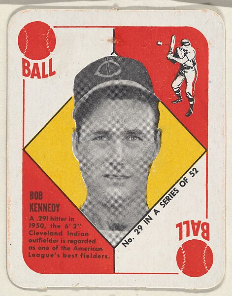 Card  Number 29, Bob Kennedy, Outfield, Cleveland Indians, from the Topps Red/ Blue Backs series (R414-5) issued by Topps Chewing Gum Company, Issued by Topps Chewing Gum Company (American, Brooklyn), Commercial color lithograph 