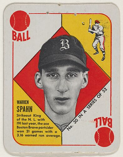 Card  Number 30, Warren Spahn, Boston Braves, from the Topps Red/ Blue Backs series (R414-5) issued by Topps Chewing Gum Company