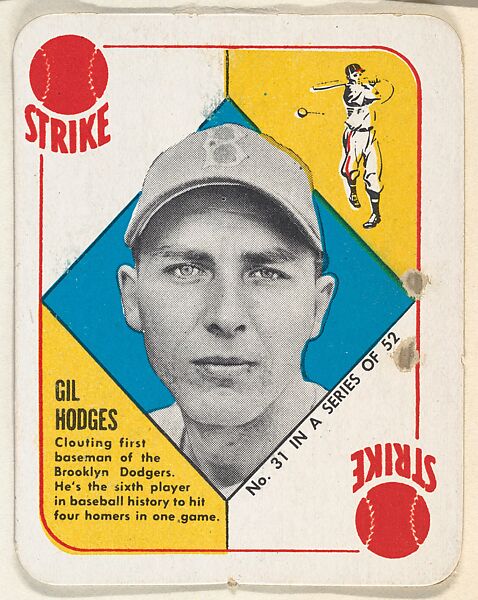 Issued by Topps Chewing Gum Company, Card Number 31, Gil Hodges, 1st Base,  Brooklyn Dodgers, from the Topps Red/ Blue Backs series (R414-5) issued by  Topps Chewing Gum Company