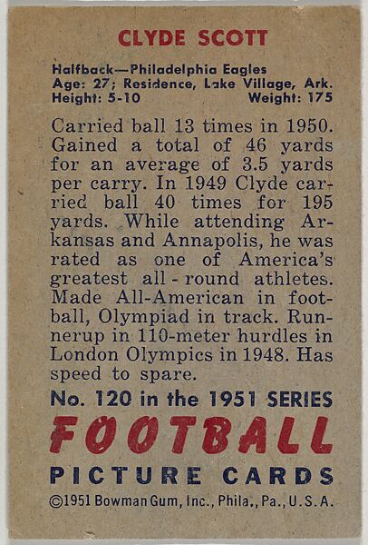 Card Number 120, Clyde Scott, Halfback, Philadelphia Eagles, from the Bowman Football series (R407-3) issued by Bowman Gum, Issued by Bowman Gum Company, Commercial color lithograph