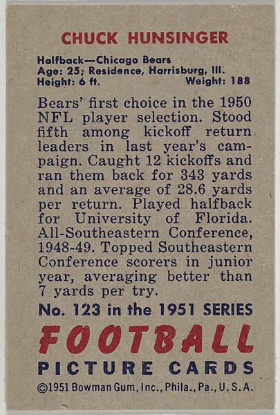 Card Number 123, Chuck Hunsinger, Halfback, Chicago Bears, from the Bowman Football series (R407-3) issued by Bowman Gum, Issued by Bowman Gum Company, Commercial color lithograph