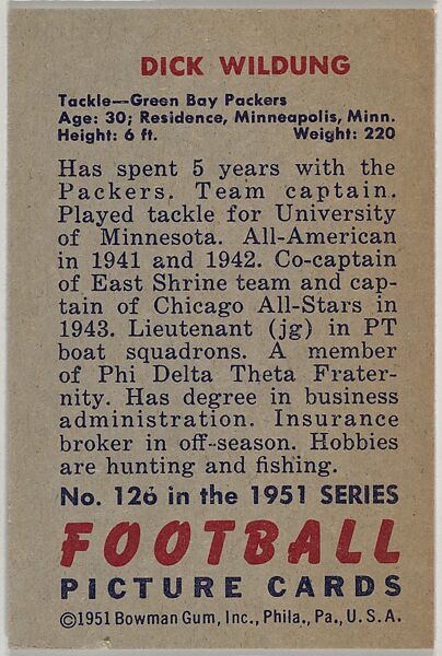 Card Number 126, Dick Wildung, Tackle, Green Bay Packers, from the Bowman Football series (R407-3) issued by Bowman Gum, Issued by Bowman Gum Company, Commercial color lithograph