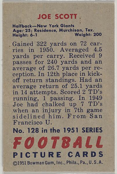 Card Number 128, Joe Scott, Halfback, New York Giants, from the Bowman Football series (R407-3) issued by Bowman Gum, Issued by Bowman Gum Company, Commercial color lithograph