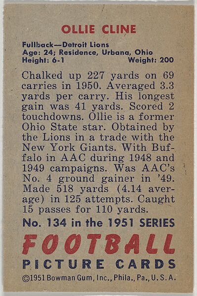 Card Number 134, Ollie Cline, Fullback, Detroit Lions, from the Bowman Football series (R407-3) issued by Bowman Gum, Issued by Bowman Gum Company, Commercial color lithograph