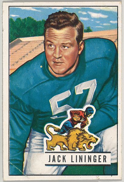 Card Number 135, Jack Lininger, Center, Detroit Lions, from the Bowman Football series (R407-3) issued by Bowman Gum, Issued by Bowman Gum Company, Commercial color lithograph 