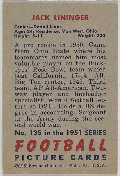 Card Number 135, Jack Lininger, Center, Detroit Lions, from the Bowman Football series (R407-3) issued by Bowman Gum, Issued by Bowman Gum Company, Commercial color lithograph