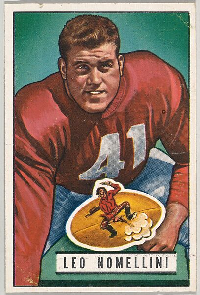 Card Number 140, Leo Nomellini, Tackle, San Francisco 49ers, from the Bowman Football series (R407-3) issued by Bowman Gum, Issued by Bowman Gum Company, Commercial color lithograph 