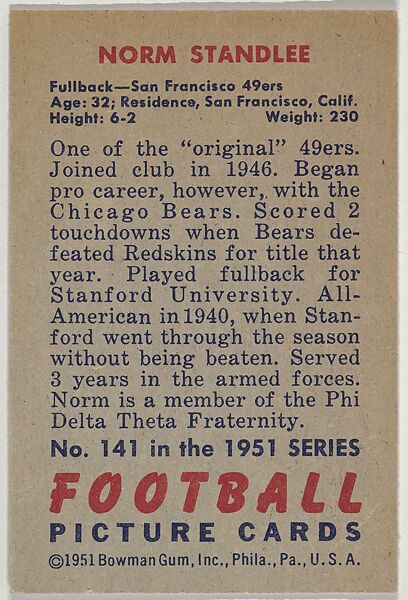 Card Number 141, Norm Standlee, Fullback, San Francisco 49ers, from the Bowman Football series (R407-3) issued by Bowman Gum, Issued by Bowman Gum Company, Commercial color lithograph