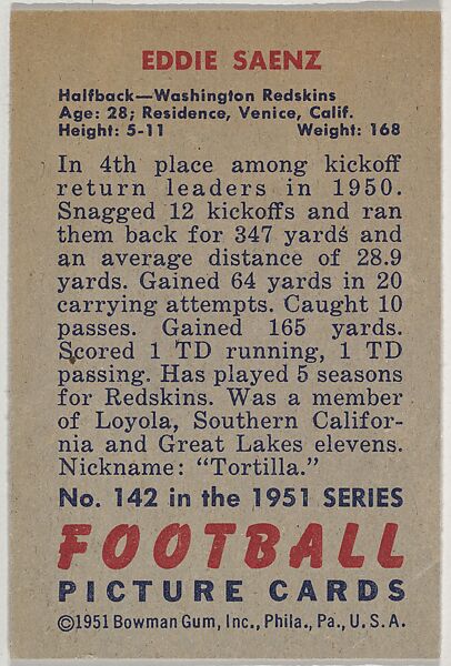 Card Number 142, Eddie Saenz, Washington Redskins, from the Bowman Football series (R407-3) issued by Bowman Gum, Issued by Bowman Gum Company, Commercial color lithograph