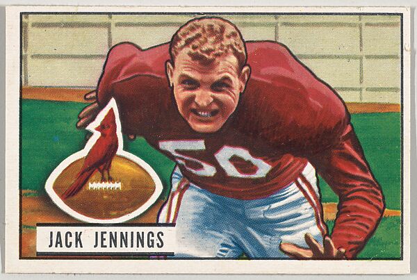 Card Number 98, Jack Jennings, Tackle, Chicago Cardinals, from the Bowman Football series (R407-3) issued by Bowman Gum, Issued by Bowman Gum Company, Commercial color lithograph 