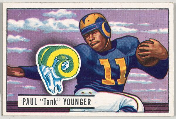 Issued by Bowman Gum Company, Card Number 112, Paul 'Tank' Younger,  Fullback, Los Angeles Rams, from the Bowman Football series (R407-3) issued  by Bowman Gum