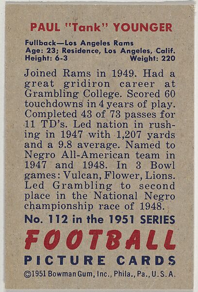 Card Number 112, Paul "Tank" Younger, Fullback, Los Angeles Rams, from the Bowman Football series (R407-3) issued by Bowman Gum, Issued by Bowman Gum Company, Commercial color lithograph